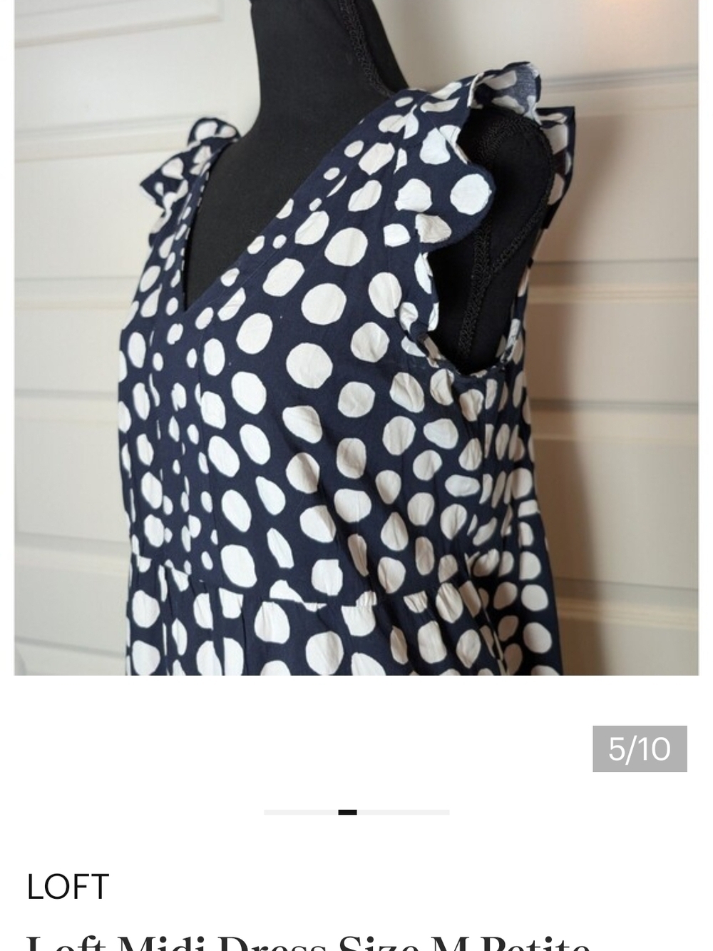 LOFT NAVY WHITE POLKA DOT TIERED RUFFLED DRESS V-NECK MIDI LENGTH NWT WOMENS L - Picture 11 of 11
